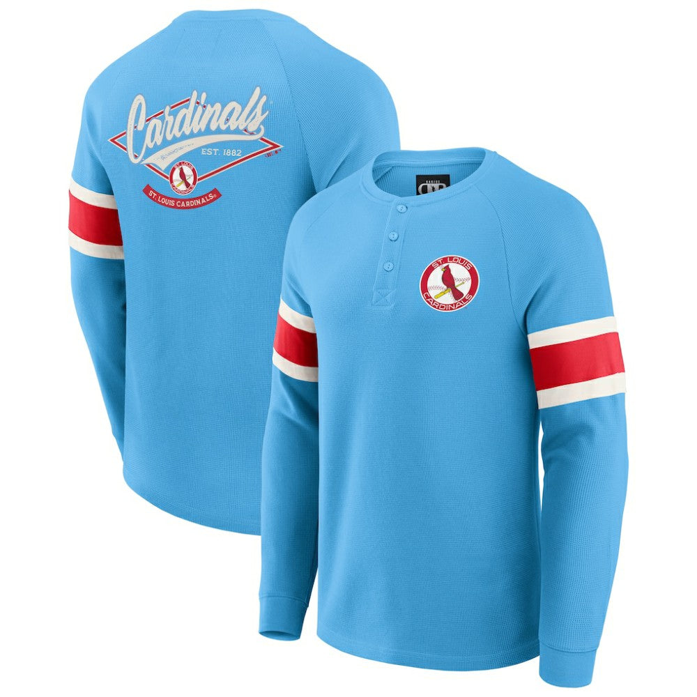 St. Louis Cardinals Darius Rucker Collection by Fanatics Waffle-Knit Raglan Long Sleeve Henley T-Shirt - Light Blue - Fanatics Lifestyle