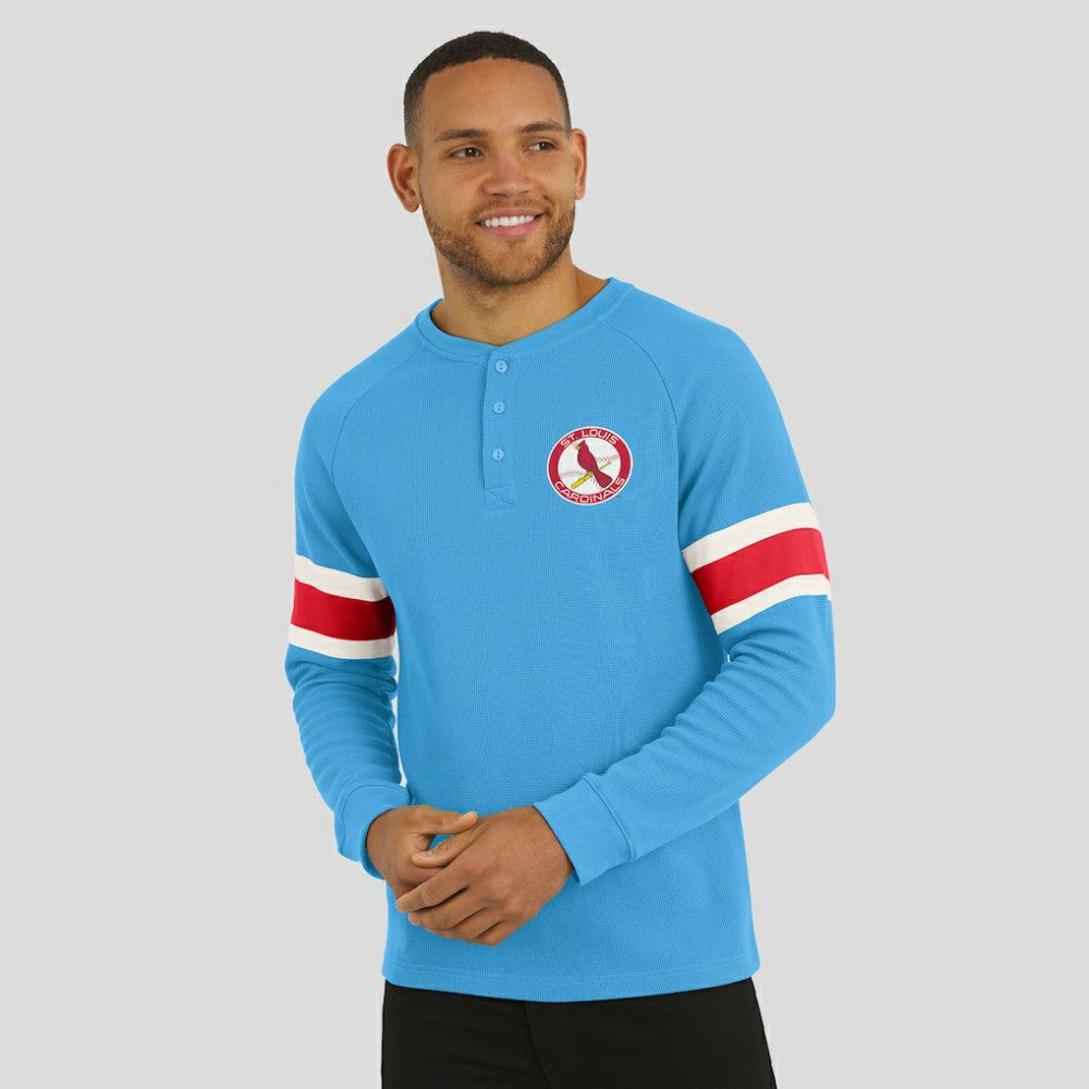 St. Louis Cardinals Darius Rucker Collection by Fanatics Waffle-Knit Raglan Long Sleeve Henley T-Shirt - Light Blue - Fanatics Lifestyle