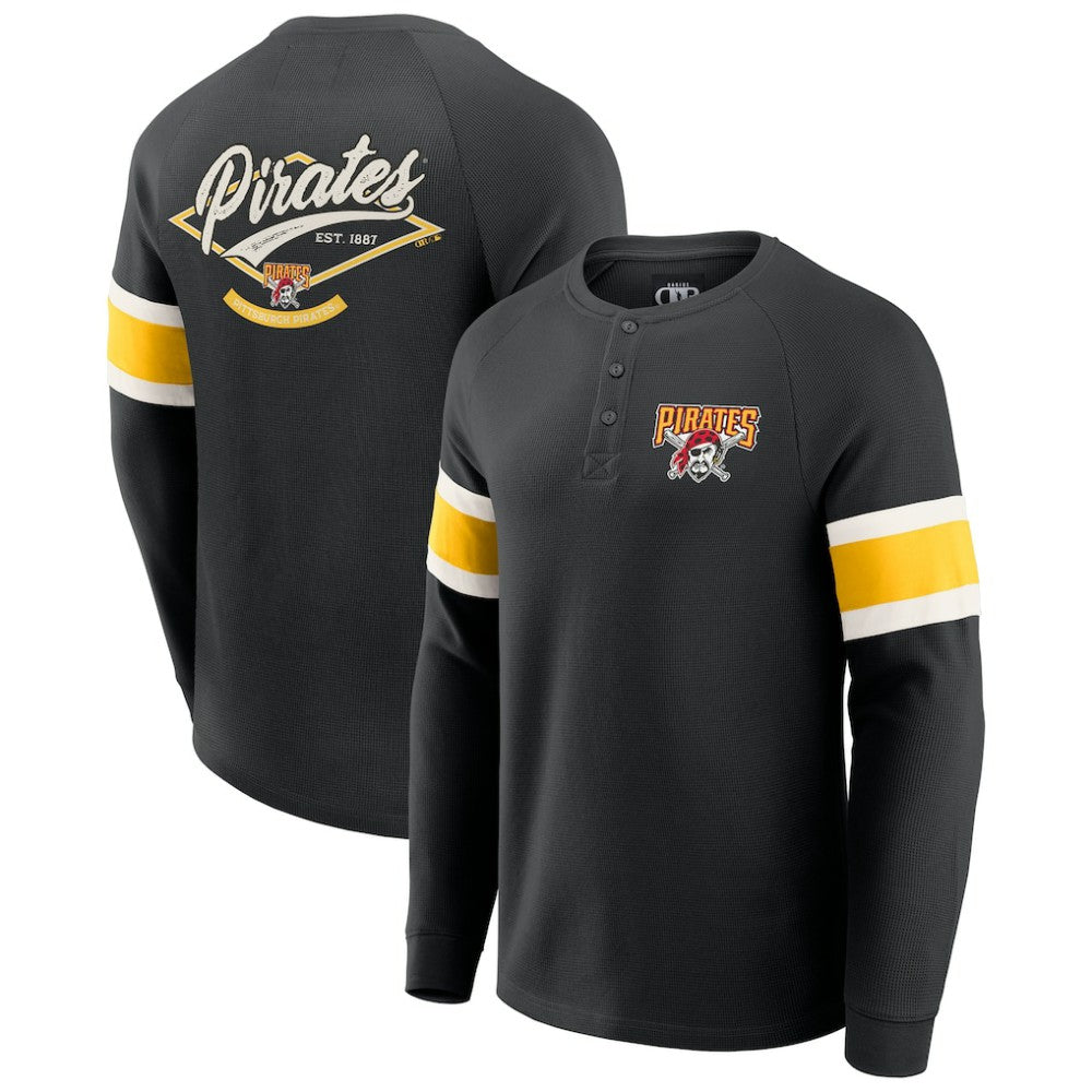 Pittsburgh Pirates Darius Rucker Collection by Fanatics Waffle-Knit Raglan Long Sleeve Henley T-Shirt - Black - Fanatics Sale