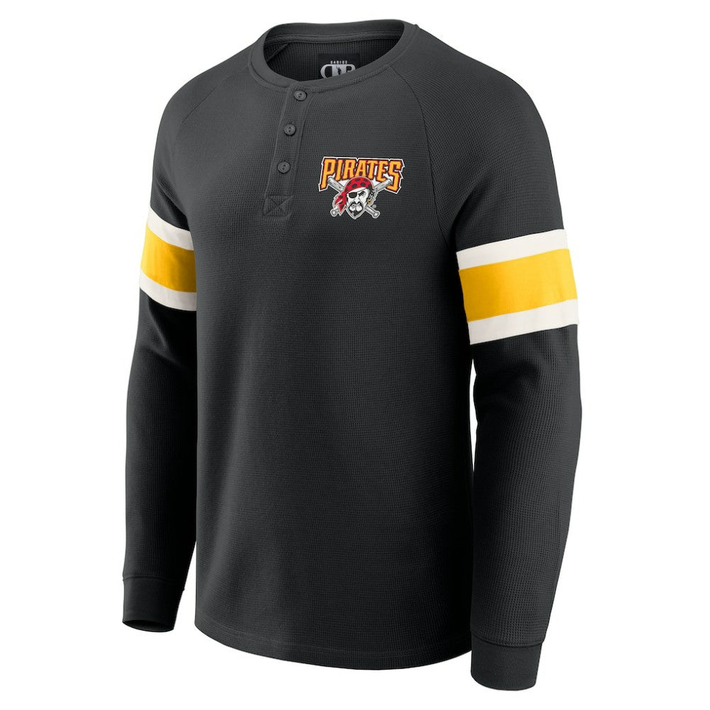 Pittsburgh Pirates Darius Rucker Collection by Fanatics Waffle-Knit Raglan Long Sleeve Henley T-Shirt - Black - Fanatics Sale