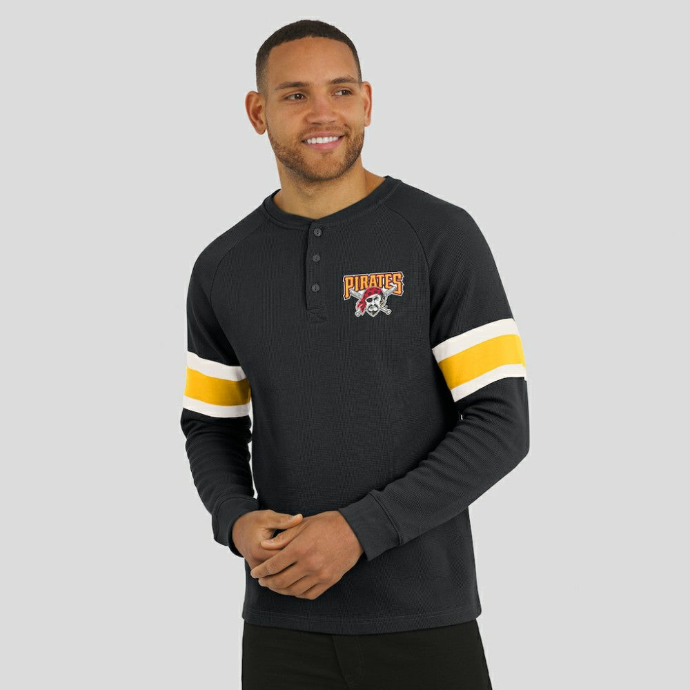 Pittsburgh Pirates Darius Rucker Collection by Fanatics Waffle-Knit Raglan Long Sleeve Henley T-Shirt - Black - Fanatics Sale