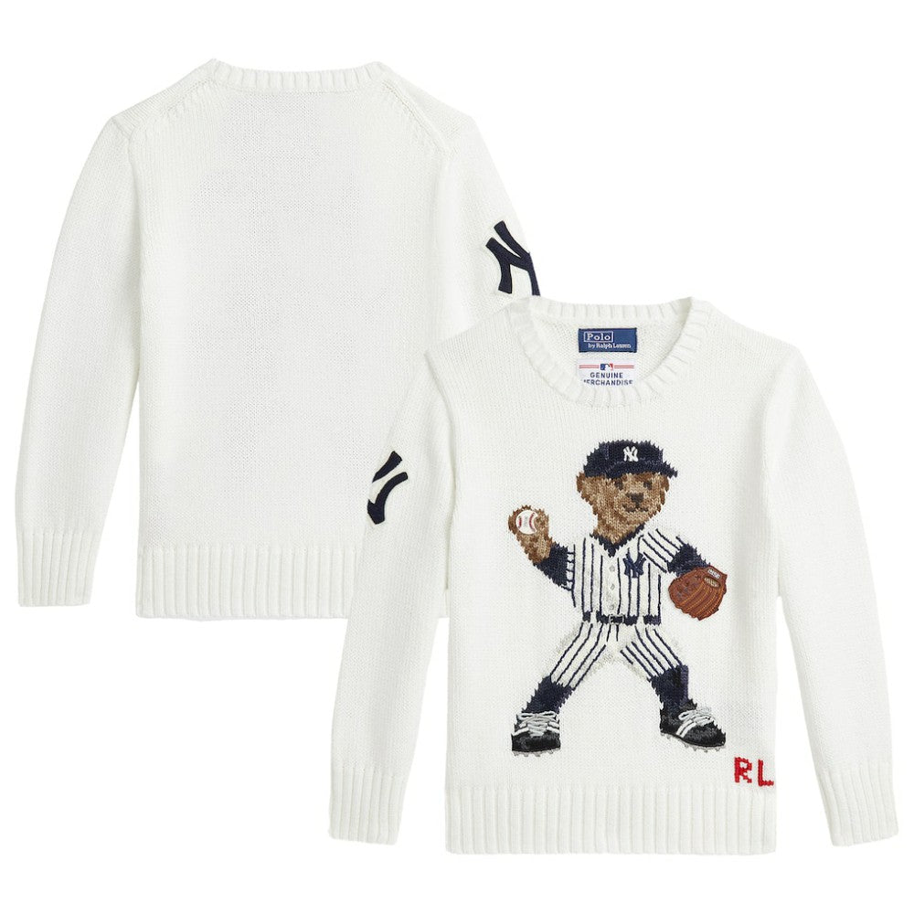 Yankees Polo Ralph Lauren Preschool  Bear Pullover Sweater - White - MLB Discount
