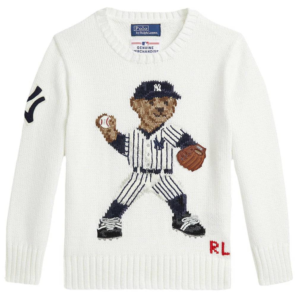 Yankees Polo Ralph Lauren Preschool  Bear Pullover Sweater - White - MLB Discount