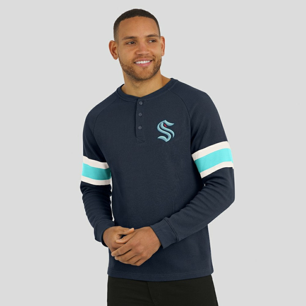 Seattle Kraken Darius Rucker Collection by Fanatics Waffle-Knit Raglan Long Sleeve Henley T-Shirt - Deep Sea Blue - NHL 202831287