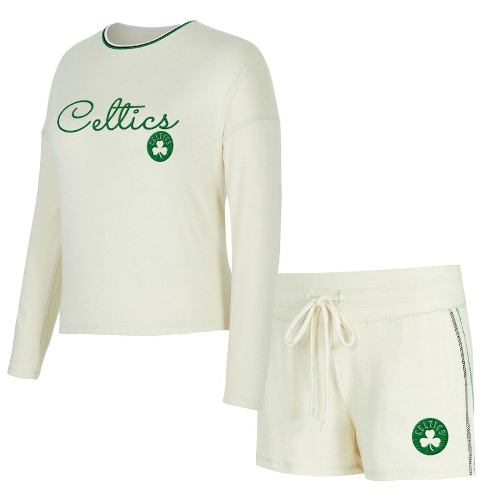 Boston Celtics Concepts Sport Women's Kaki Hacci Knit Long Sleeve Top & Shorts Set Cream
