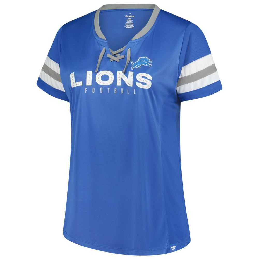 Fanatics Detroit Lions Women's Plus Size Rhinestone Redzone Athena Lace-Up Notch Neck T-Shirt Blue