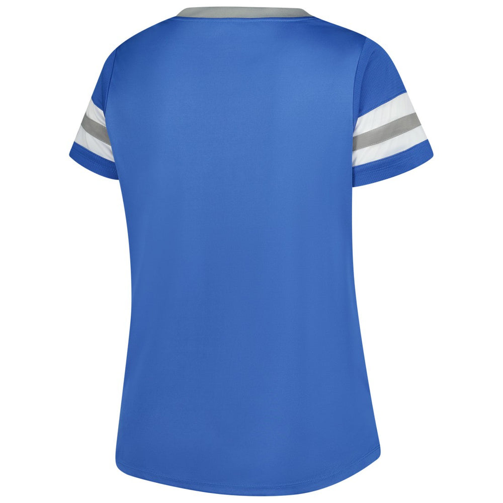 Fanatics Detroit Lions Women's Plus Size Rhinestone Redzone Athena Lace-Up Notch Neck T-Shirt Blue