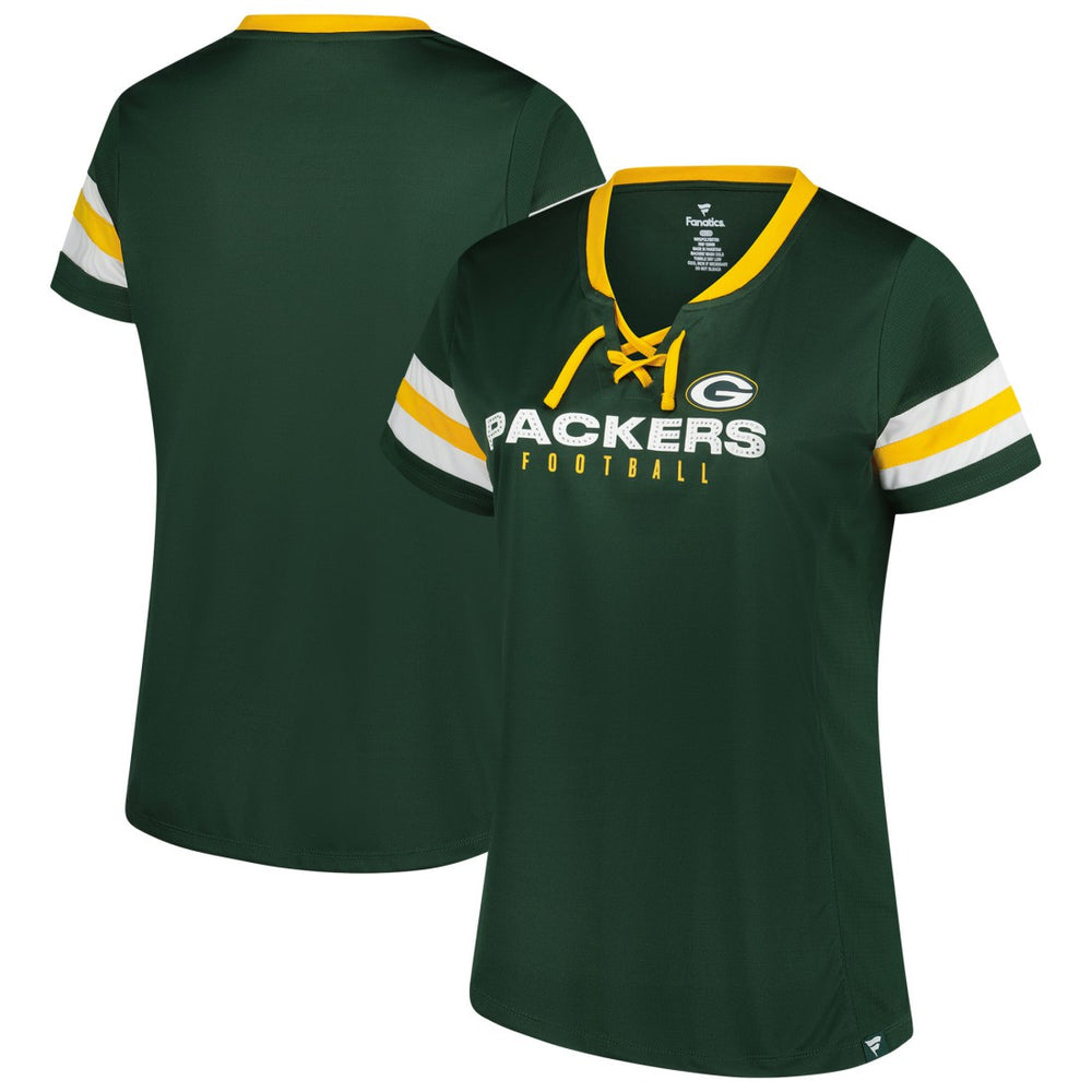 Fanatics Green Bay Packers Women's Plus Size Rhinestone Redzone Athena Lace-Up Notch Neck T-Shirt Green