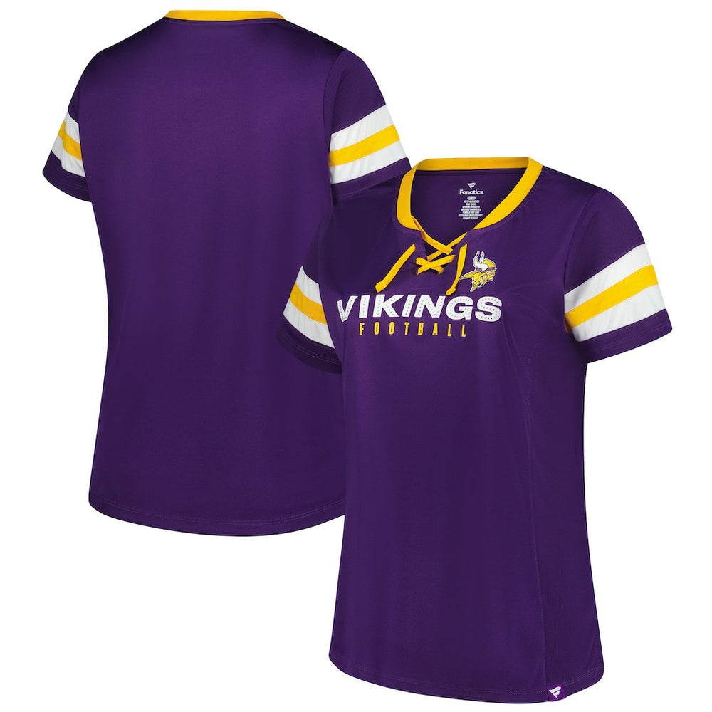 Fanatics Minnesota Vikings Women's Plus Size Rhinestone Redzone Athena Lace-Up Notch Neck T-Shirt Purple