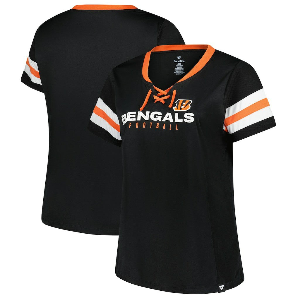 Fanatics Cincinnati Bengals Women's Plus Size Red Zone Athena Lace-Up V-Notch Neck T-Shirt Black