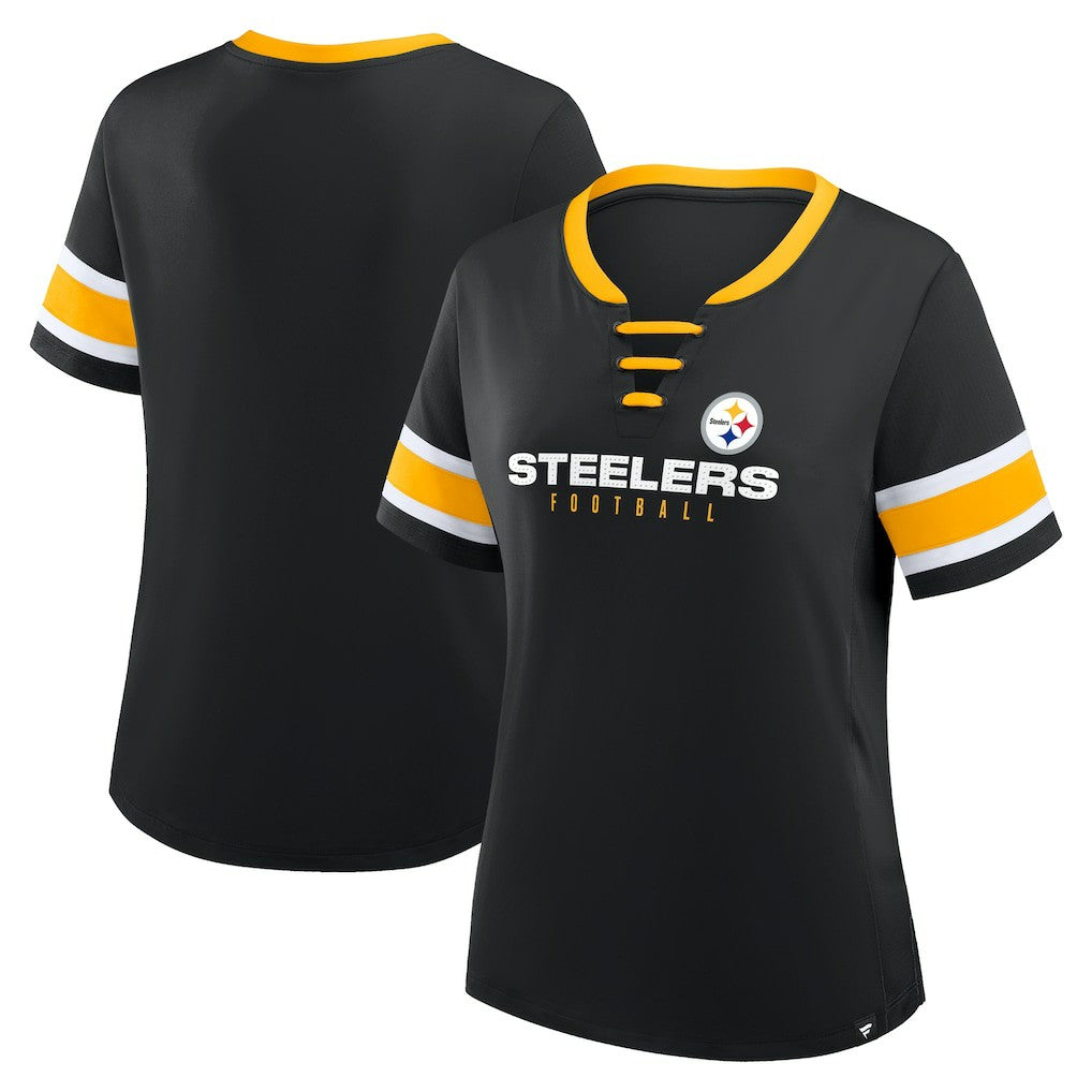 Fanatics Pittsburgh Steelers Women's Plus Size Red Zone Athena Lace-Up V-Notch Neck T-Shirt Black
