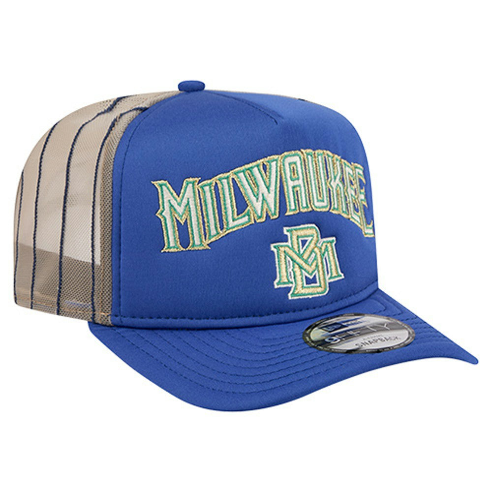 Milwaukee Brewers New Era Vintage Arched Foam Front 9FIFTY A-Frame Adjustable Trucker Hat - Royal - New Era Lifestyle