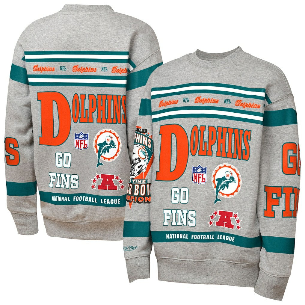 Mitchell & Ness Miami Dolphins Youth Throwback All-Over Print Fleece Sweatshirt Gray