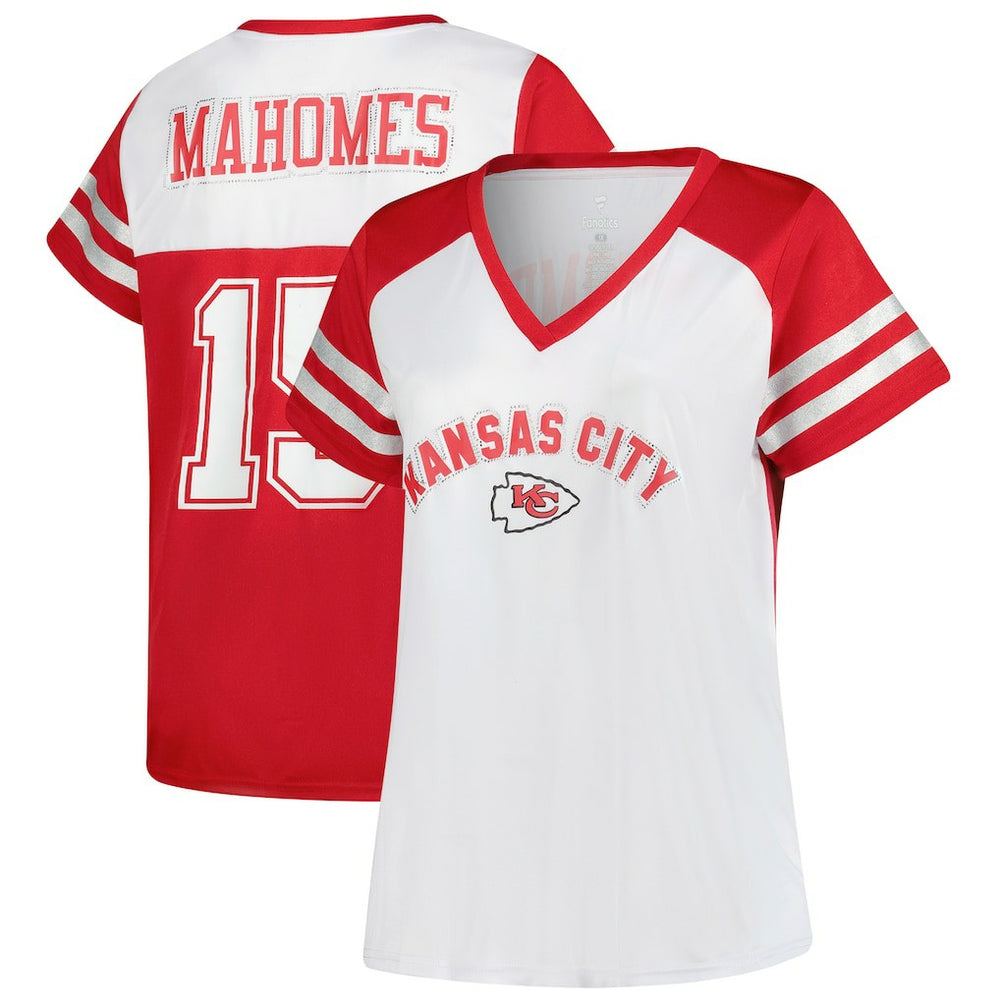 Fanatics Patrick Mahomes Kansas City Chiefs Women's Plus Size Bling V-Neck T-Shirt White