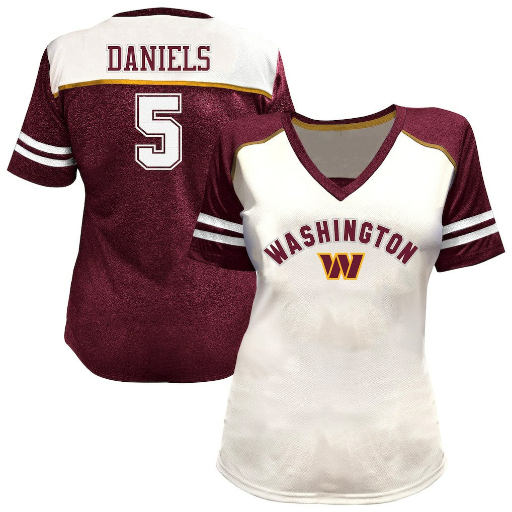Fanatics Jayden Daniels Washington Commanders Women's Plus Size Bling V-Neck T-Shirt White