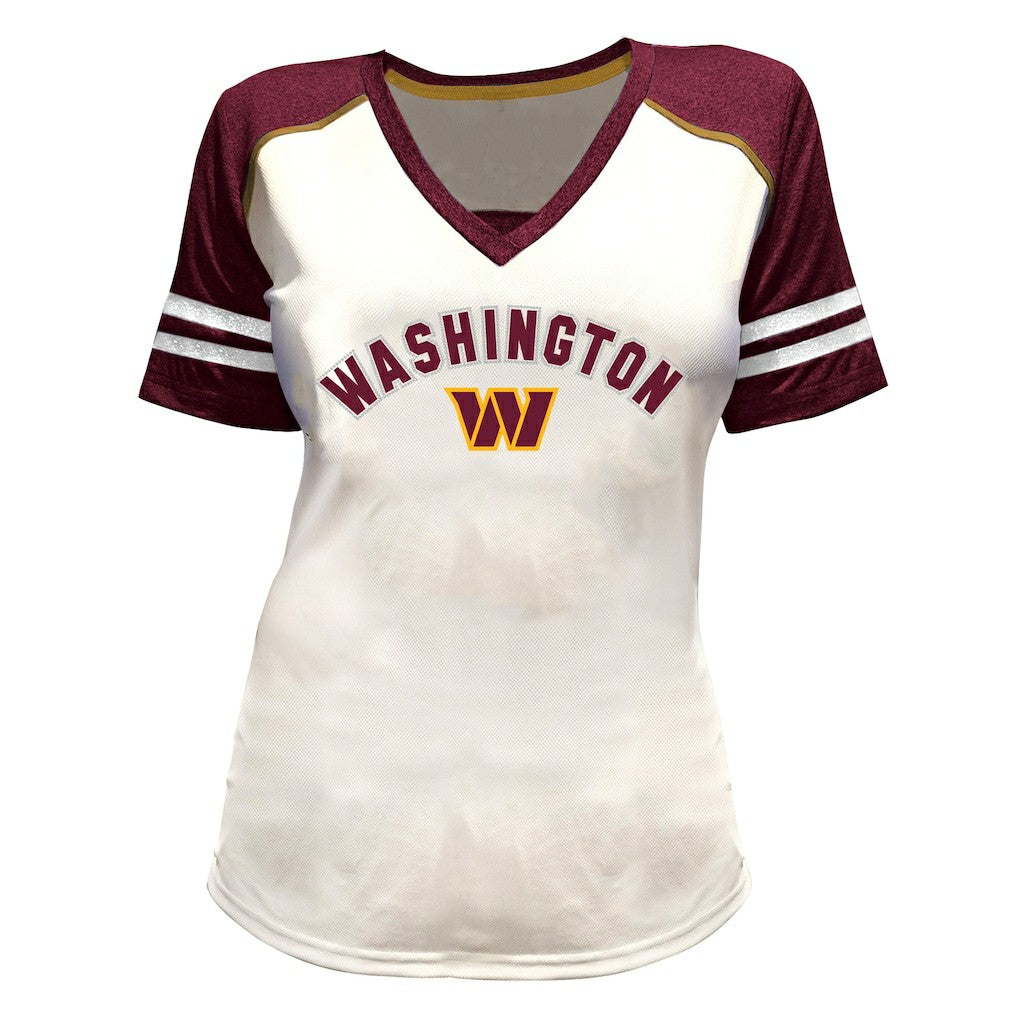 Fanatics Jayden Daniels Washington Commanders Women's Plus Size Bling V-Neck T-Shirt White