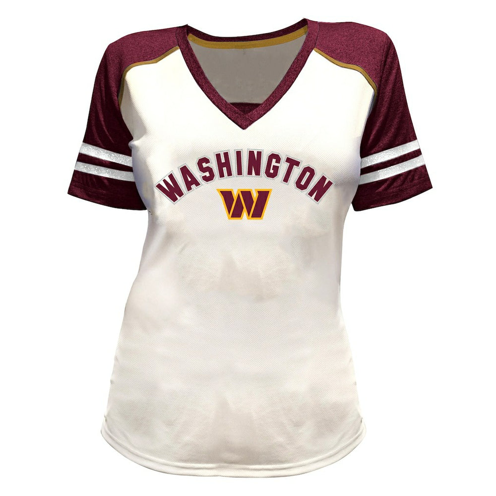 Fanatics Jayden Daniels Washington Commanders Women's Plus Size Bling V-Neck T-Shirt White
