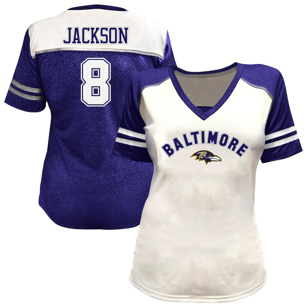 Fanatics Lamar Jackson Baltimore Ravens Women's Plus Size Bling V-Neck T-Shirt White