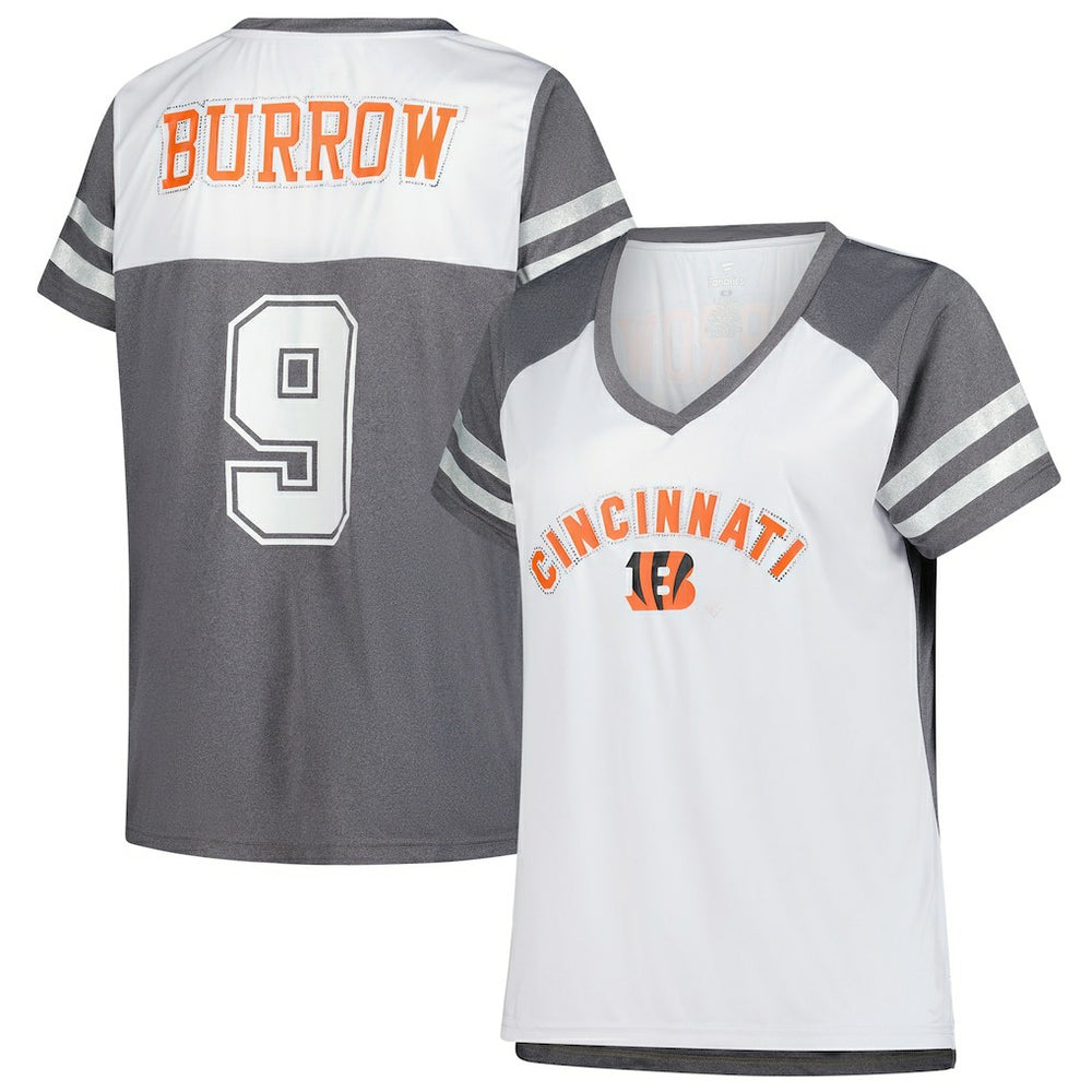 Fanatics Joe Burrow Cincinnati Bengals Women's Plus Size Bling V-Neck T-Shirt White