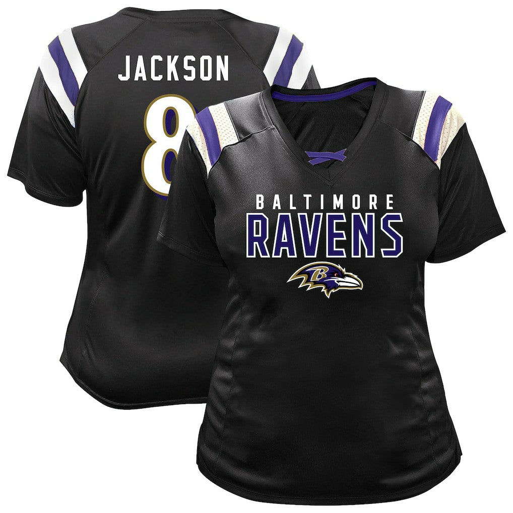 Fanatics Lamar Jackson Baltimore Ravens Women's Plus Size Name & Number Raglan Lace V-Neck T-Shirt Black