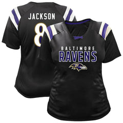Fanatics Lamar Jackson Baltimore Ravens Women's Plus Size Name & Number Raglan Lace V-Neck T-Shirt Black