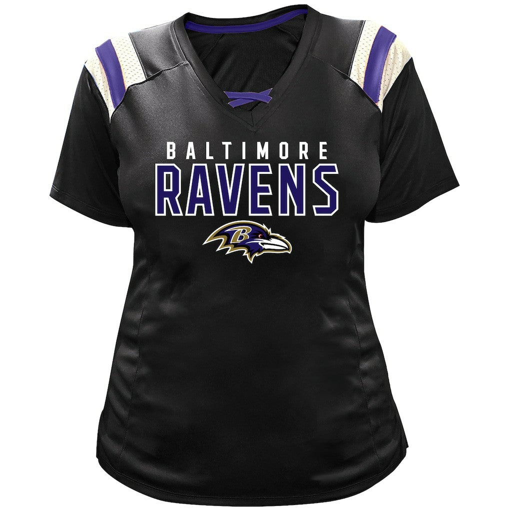 Fanatics Lamar Jackson Baltimore Ravens Women's Plus Size Name & Number Raglan Lace V-Neck T-Shirt Black