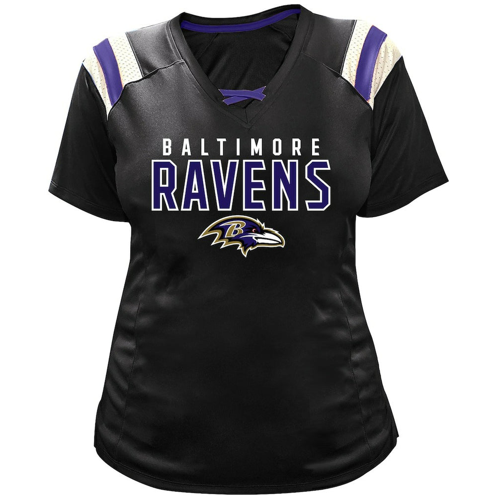 Fanatics Lamar Jackson Baltimore Ravens Women's Plus Size Name & Number Raglan Lace V-Neck T-Shirt Black