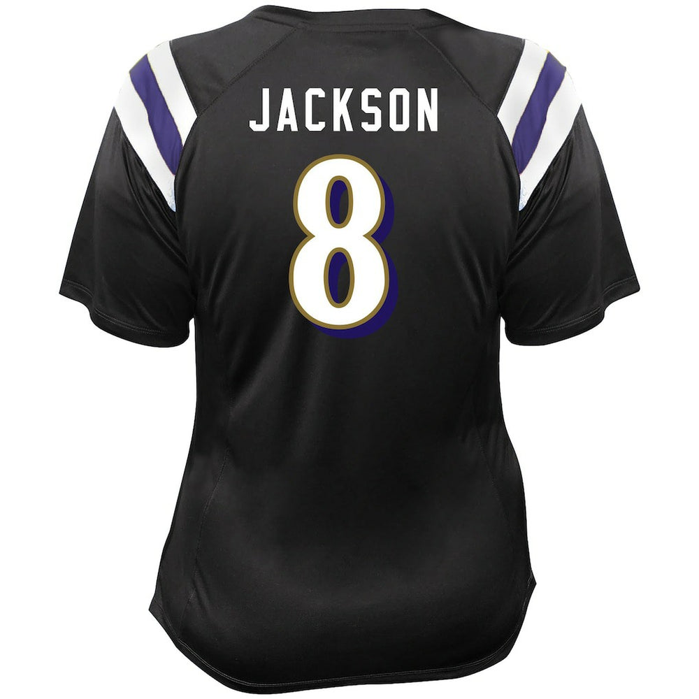 Fanatics Lamar Jackson Baltimore Ravens Women's Plus Size Name & Number Raglan Lace V-Neck T-Shirt Black