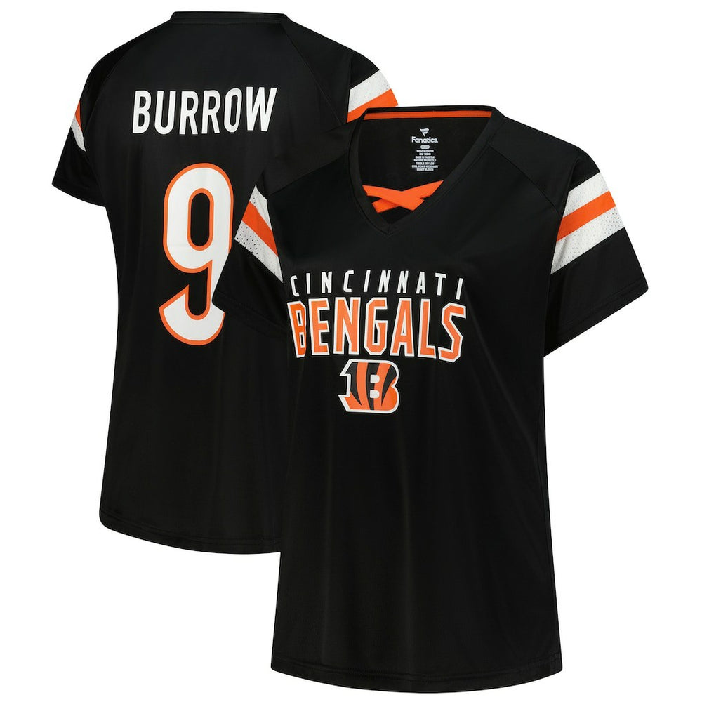 Fanatics Joe Burrow Cincinnati Bengals Women's Plus Size Name & Number Raglan Lace V-Neck T-Shirt Black