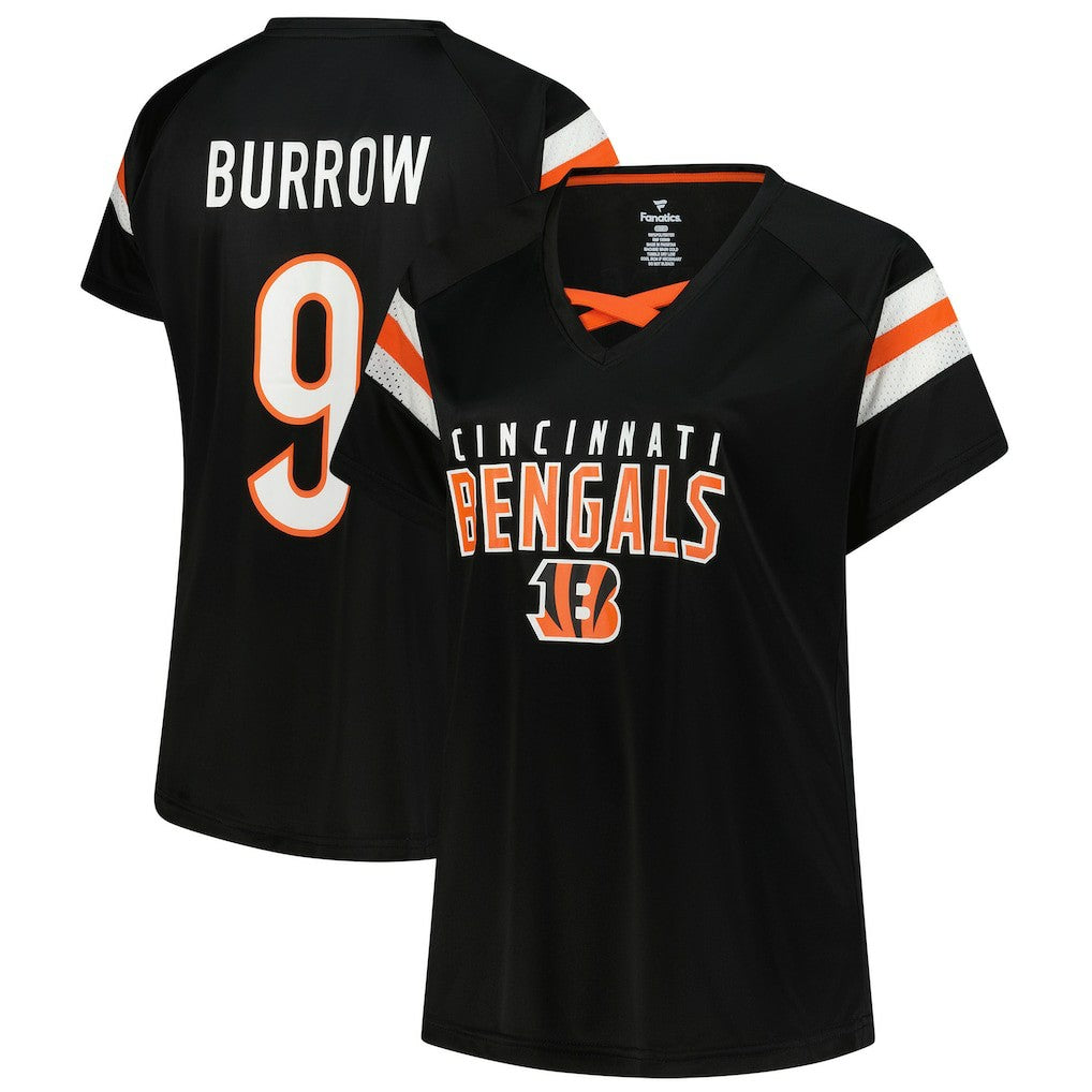 Fanatics Joe Burrow Cincinnati Bengals Women's Plus Size Name & Number Raglan Lace V-Neck T-Shirt Black