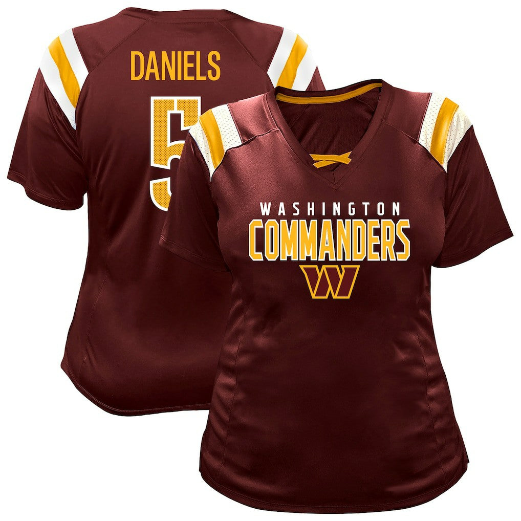 Fanatics Jayden Daniels Washington Commanders Women's Plus Size Name & Number Raglan Lace V-Neck T-Shirt Burgundy
