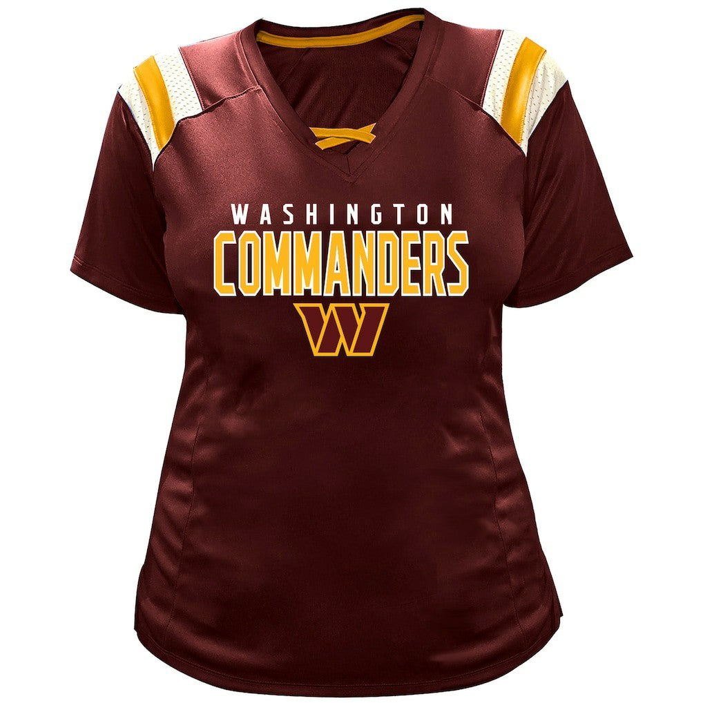 Fanatics Jayden Daniels Washington Commanders Women's Plus Size Name & Number Raglan Lace V-Neck T-Shirt Burgundy