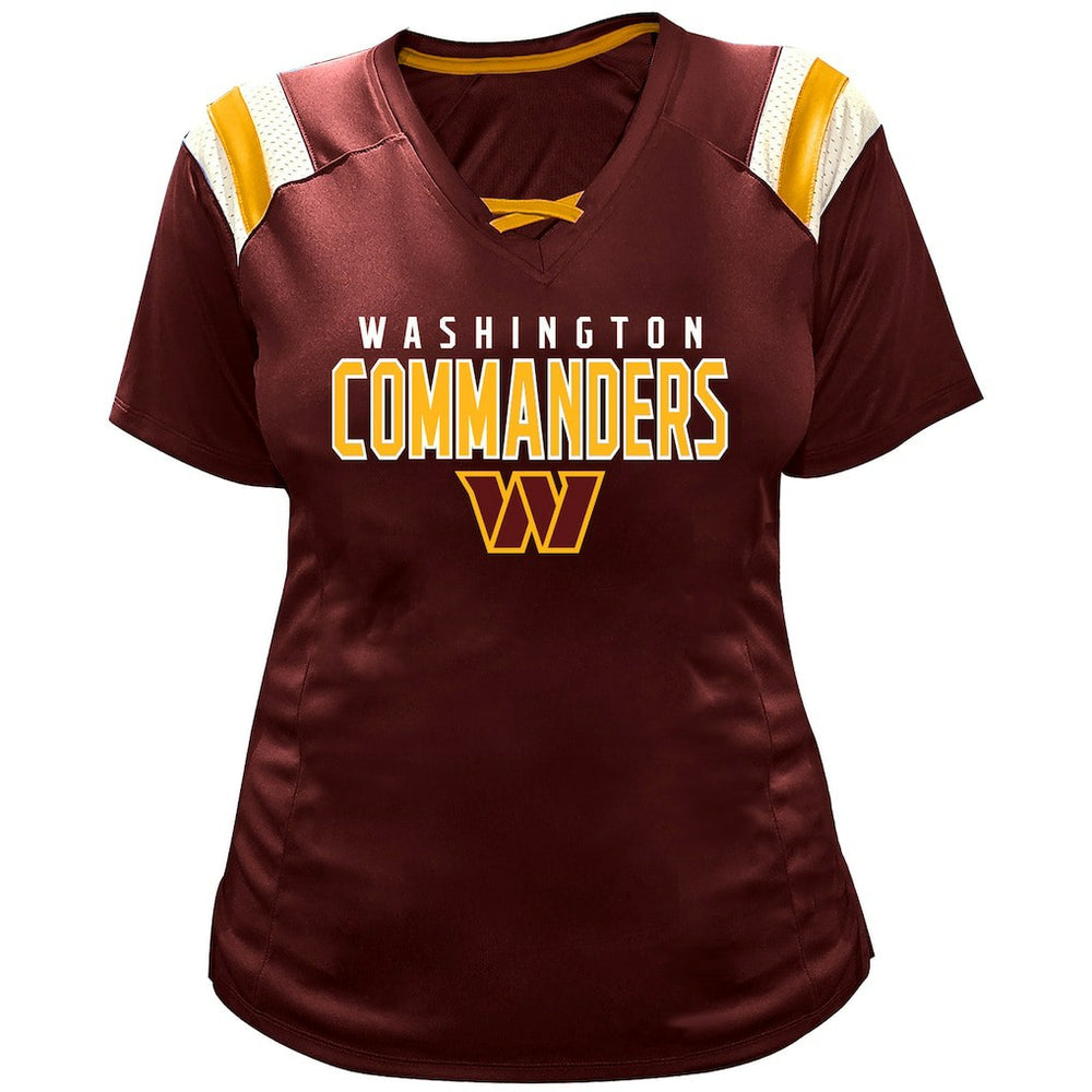 Fanatics Jayden Daniels Washington Commanders Women's Plus Size Name & Number Raglan Lace V-Neck T-Shirt Burgundy