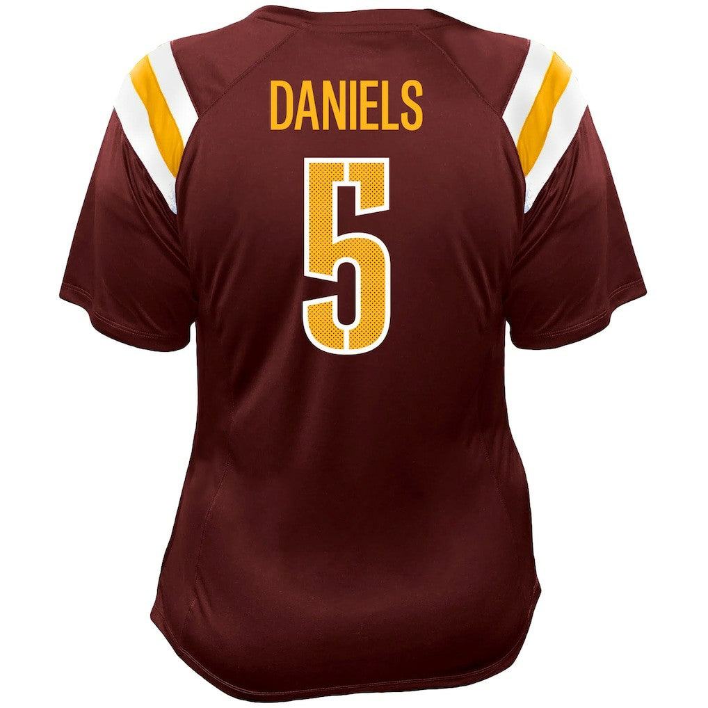 Fanatics Jayden Daniels Washington Commanders Women's Plus Size Name & Number Raglan Lace V-Neck T-Shirt Burgundy