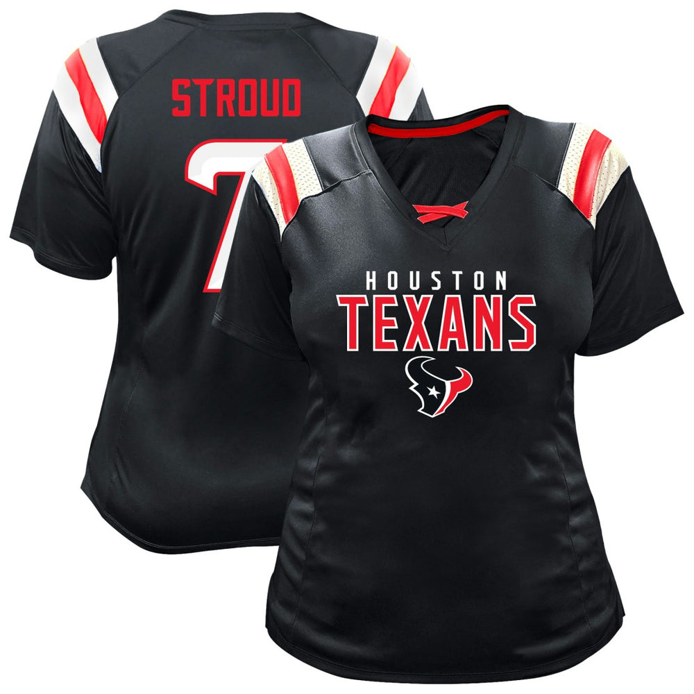Fanatics C.J. Stroud Houston Texans Women's Plus Size Name & Number Raglan Lace V-Neck T-Shirt Navy