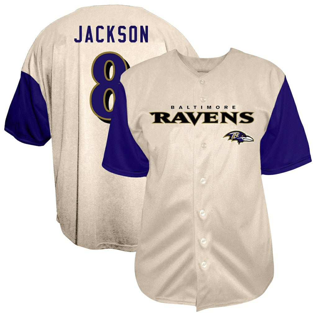 Fanatics Lamar Jackson Baltimore Ravens Big & Tall Baseball Button-Up Shirt Cream