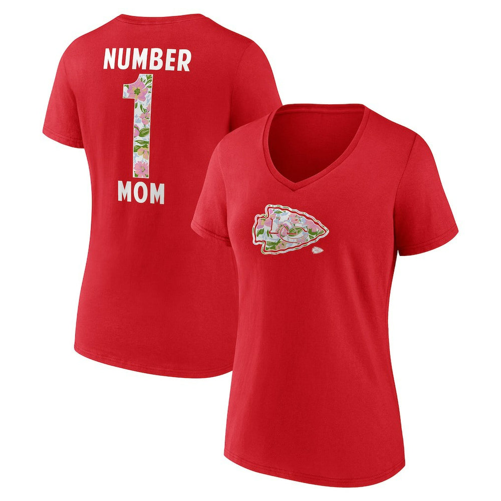Kansas City Chiefs Women's Number 1 Mom Floral V-Neck T-Shirt Red