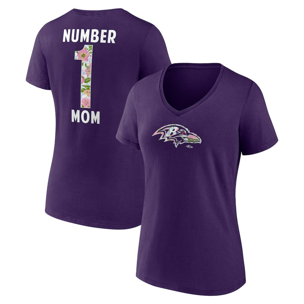 Baltimore Ravens Women's Number 1 Mom Floral V-Neck T-Shirt Purple