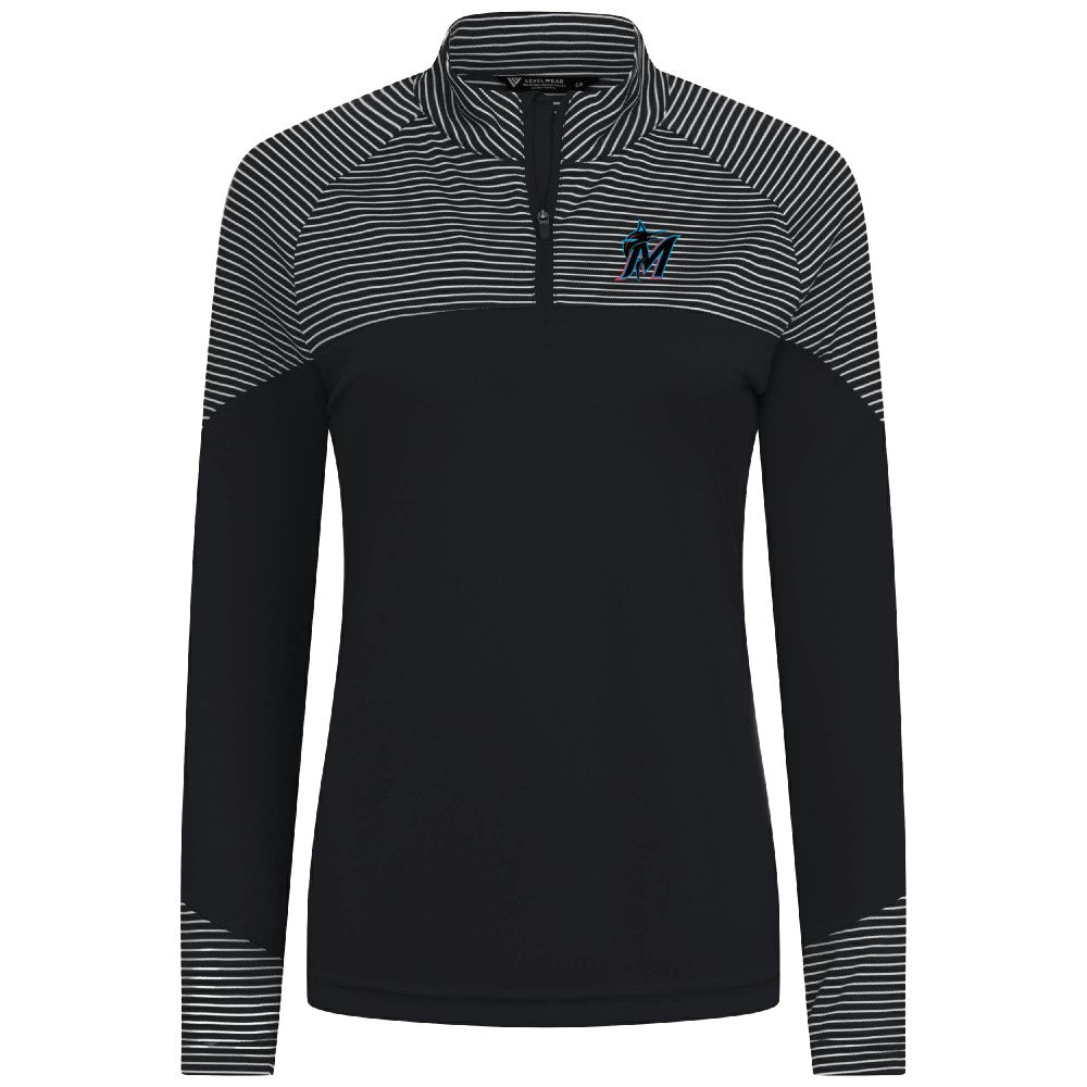 Miami Marlins Levelwear Women's Classic Stripes Insignia 2.0 Raglan Quarter-Zip Top - Black - MLB Lifestyle