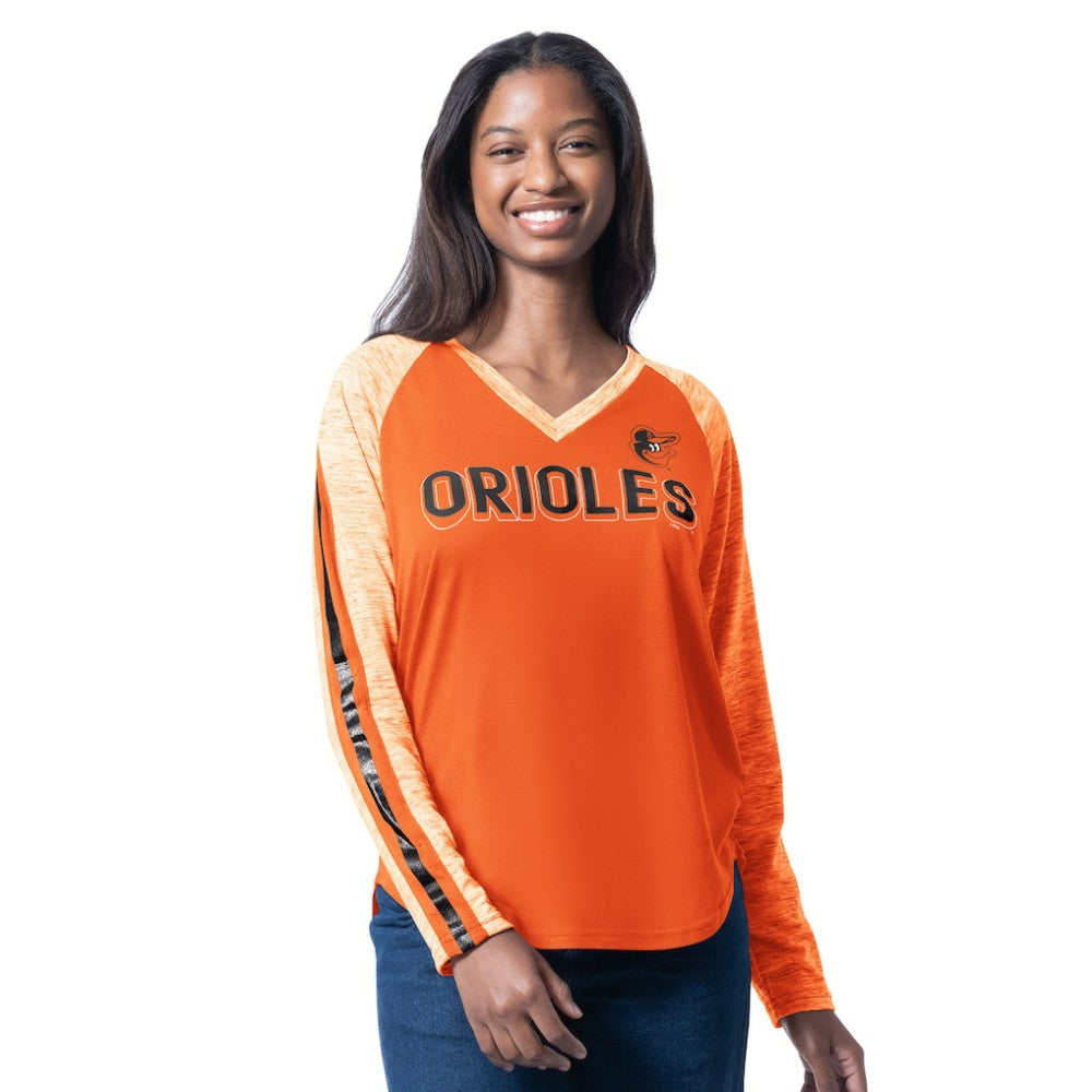 Baltimore Orioles G-III 4Her by Carl Banks Women's Top Dog Raglan Long Sleeve V-Neck T-Shirt - Orange - MLB Lifestyle