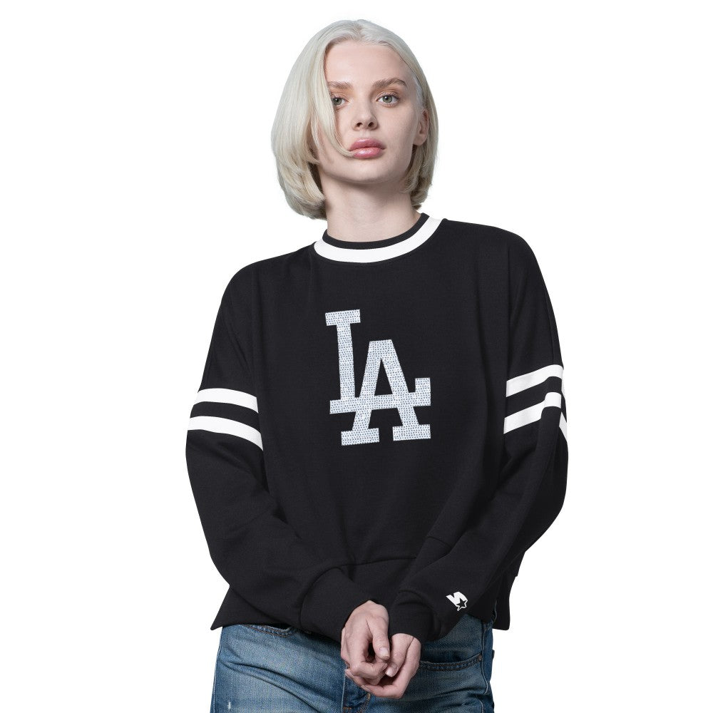 Los Angeles Dodgers Starter Women's Rally Cropped Drop Shoulder Crewneck Sweatshirt - Black - MLB Discount