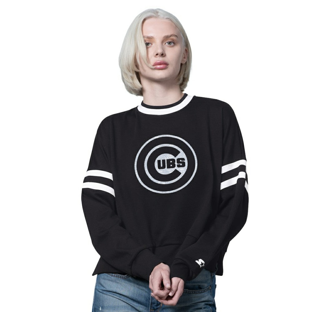 Chicago Cubs Starter Women's Rally Cropped Drop Shoulder Crewneck Sweatshirt - Black - MLB Online