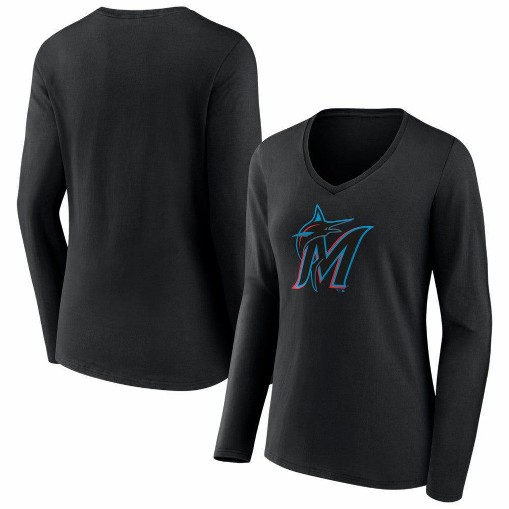 Miami Marlins Women's Logo Long Sleeve V-Neck T-Shirt - Black - MLB Online