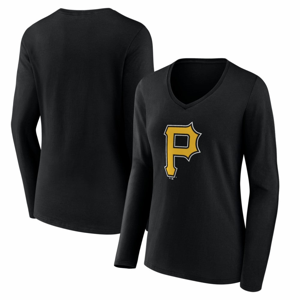 Pittsburgh Pirates Women's Logo Long Sleeve V-Neck T-Shirt - Black - MLB Discount