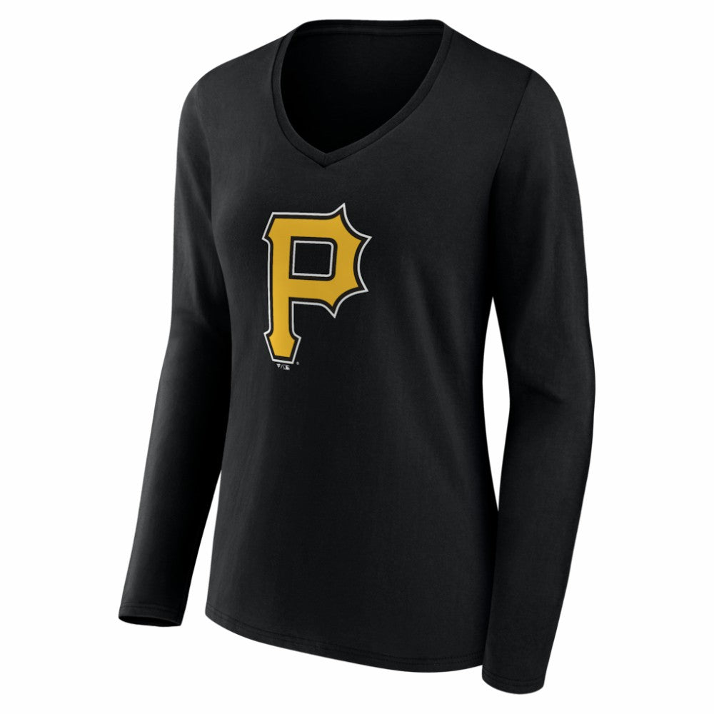 Pittsburgh Pirates Women's Logo Long Sleeve V-Neck T-Shirt - Black - MLB Discount