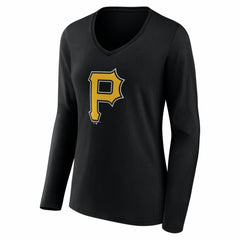 Pittsburgh Pirates Women's Logo Long Sleeve V-Neck T-Shirt - Black - MLB Discount