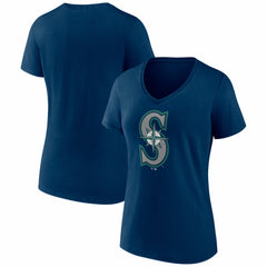 Seattle Mariners Women's Logo V-Neck T-Shirt - Navy - MLB Lifestyle