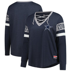 Dallas Cowboys New Era Women's Plus Size Throwback Lace-Up Long Sleeve T-Shirt Navy