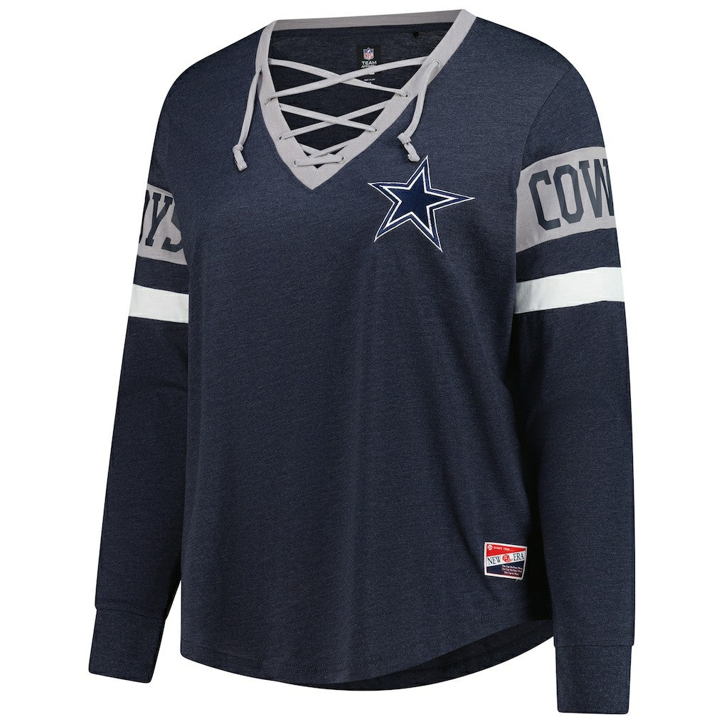 Dallas Cowboys New Era Women's Plus Size Throwback Lace-Up Long Sleeve T-Shirt Navy