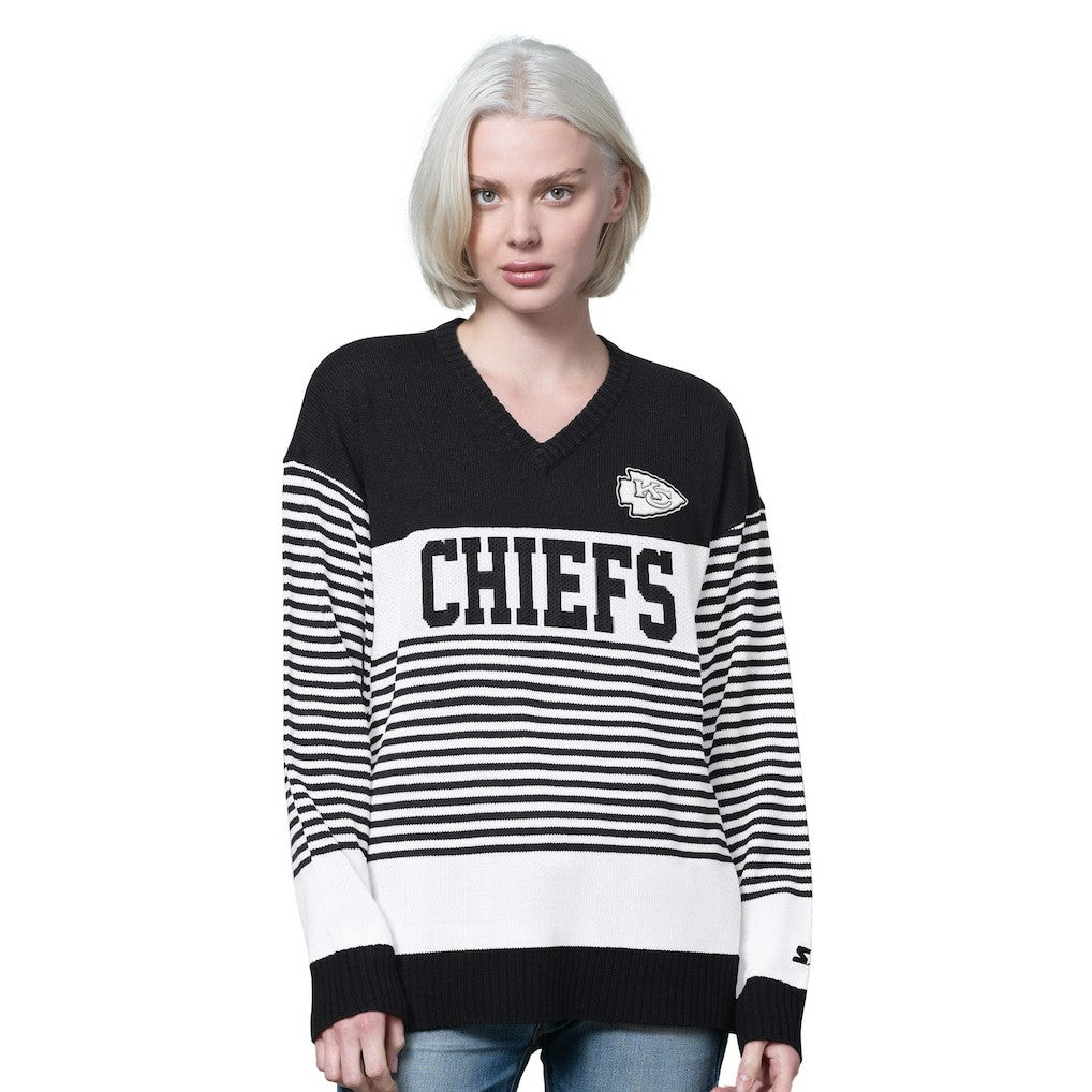 Kansas City Chiefs Starter Women's No Huddle Striped V-Neck Sweater Black